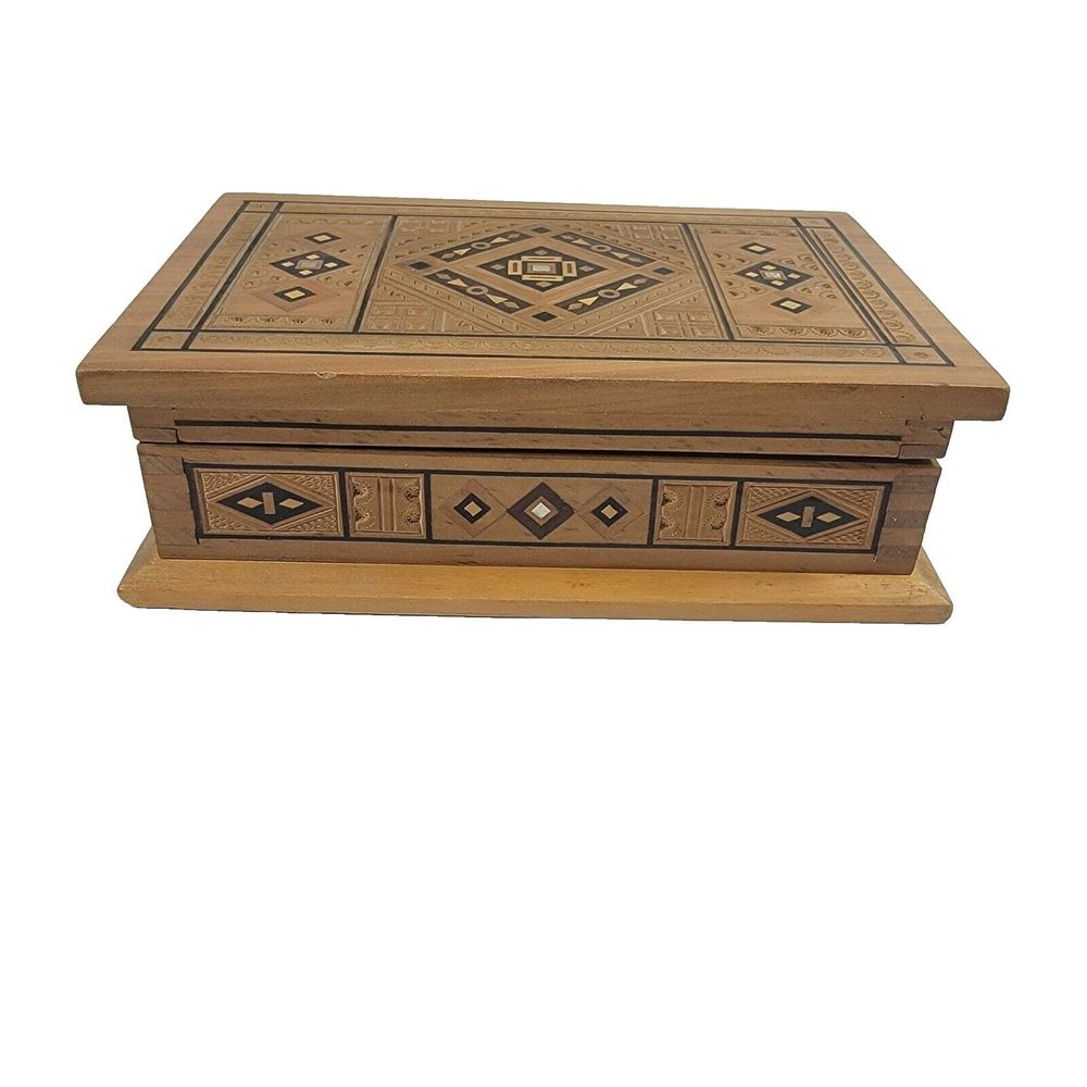 Wood Marquetry Inlay Box Jewelry Keepsake Storage Hinged 6.75" x 4.25" x 2.2"
